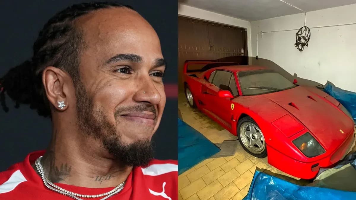 Man smiling next to a dusty red Ferrari F40