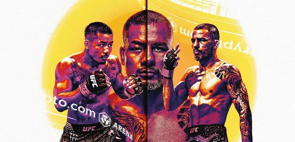 Three fighters posed in a promotional UFC graphic