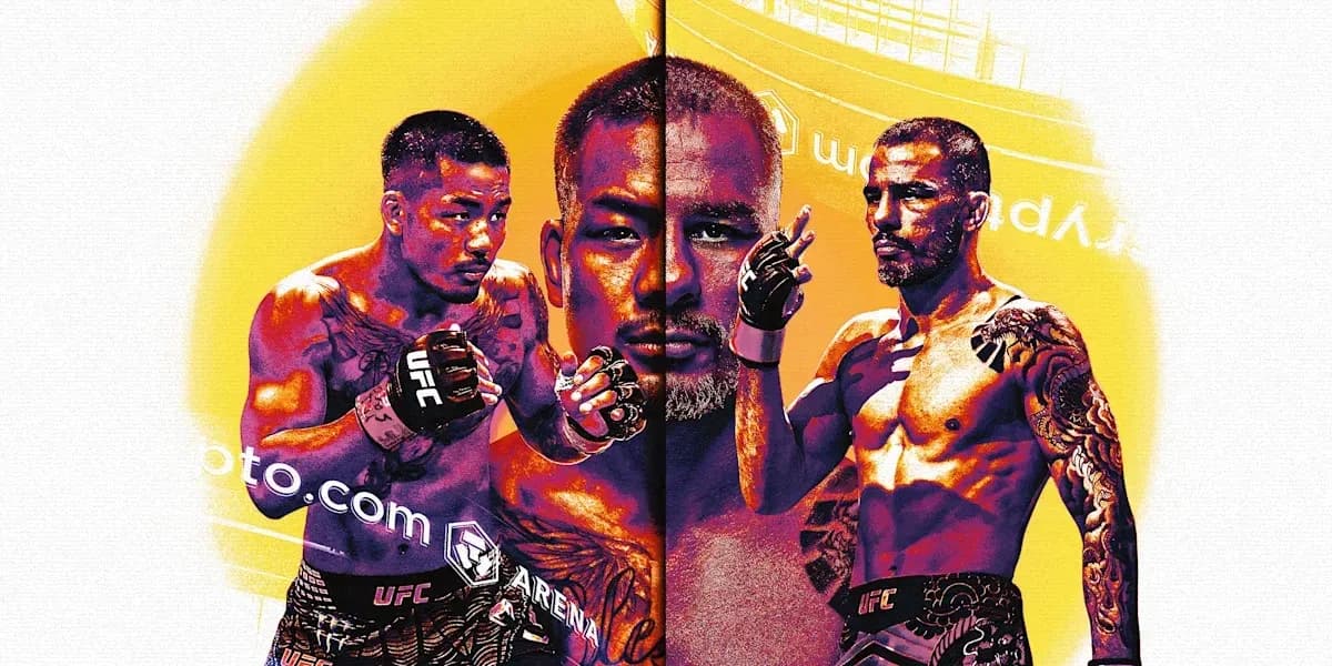 Three fighters posed in a promotional UFC graphic