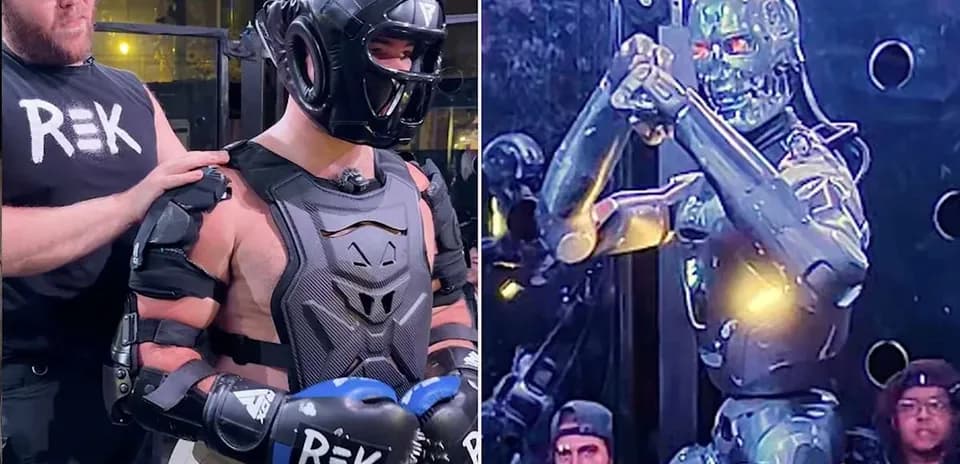 Person in protective gear with robot in background