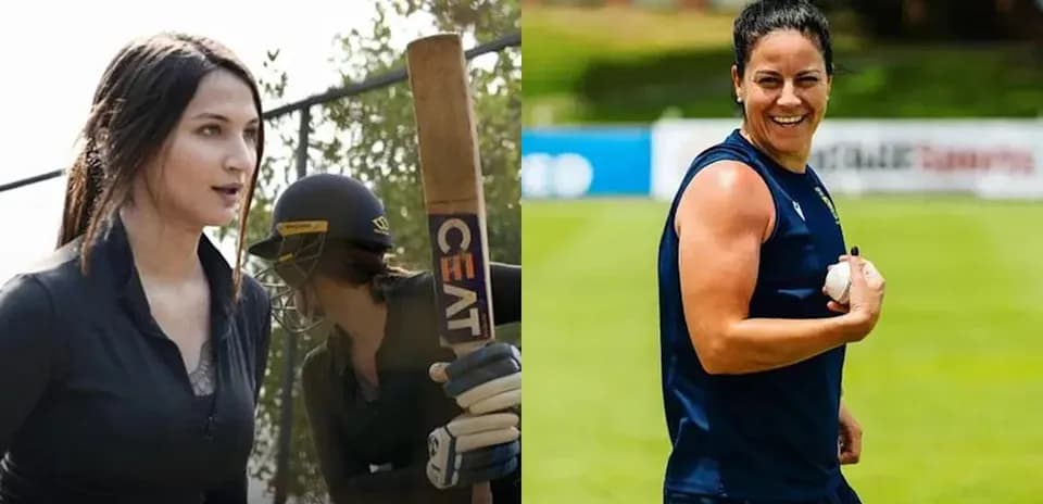 Two female cricketers training with bat and ball