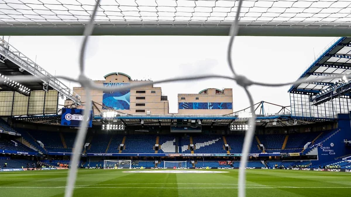 View of Stamford Bridge stadium from behind goal