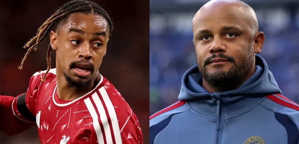 Liverpool player in action beside Bayern Munich coach