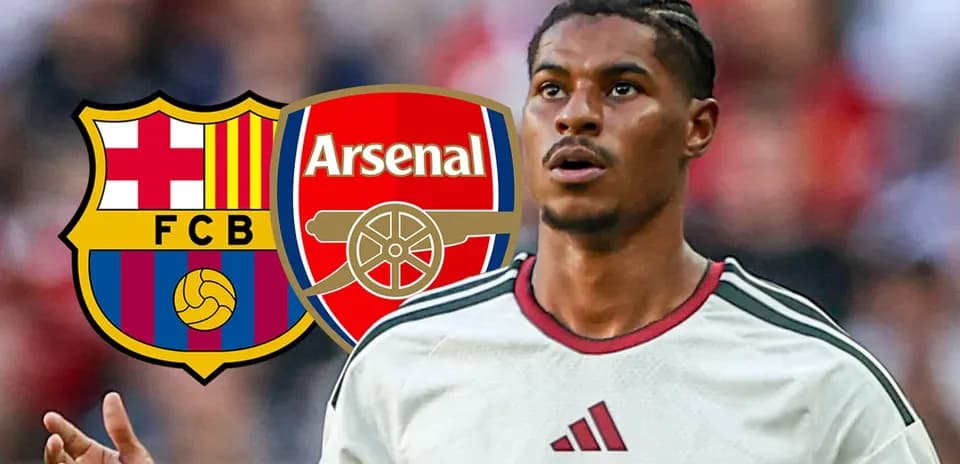 Player looking on with Barcelona and Arsenal logos