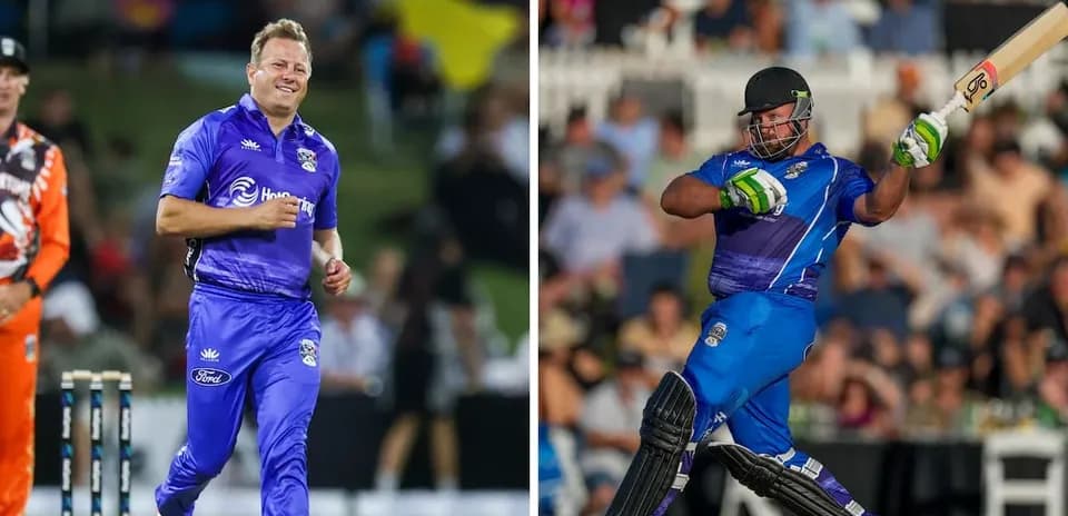 Cricketers bowling and batting during match action