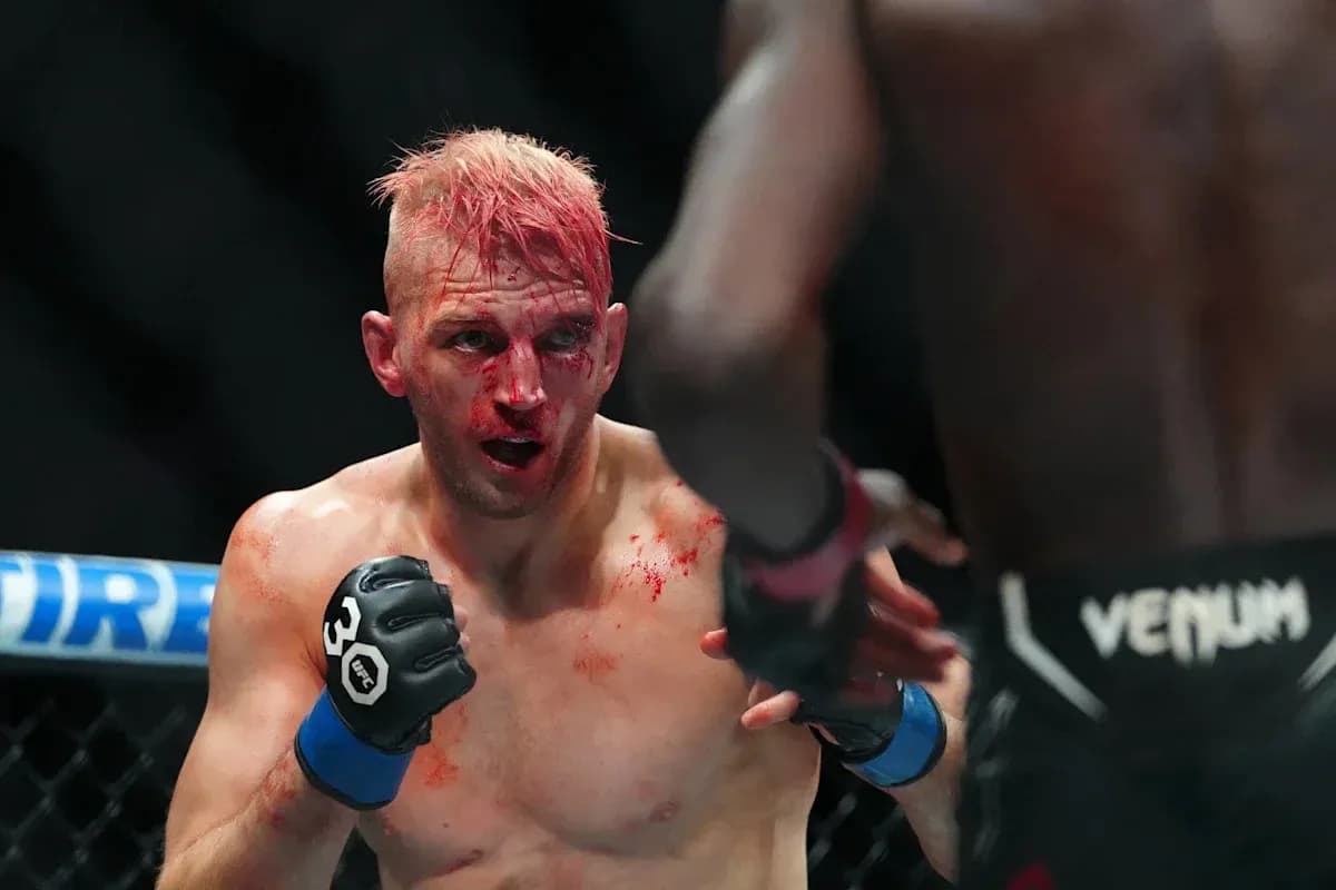 Bloodied fighter in defensive stance during match Bloodied fighter in defensive stance during match