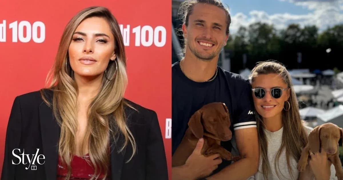 Woman posing at event; couple holding puppies outdoors Woman posing at event; couple holding puppies outdoors
