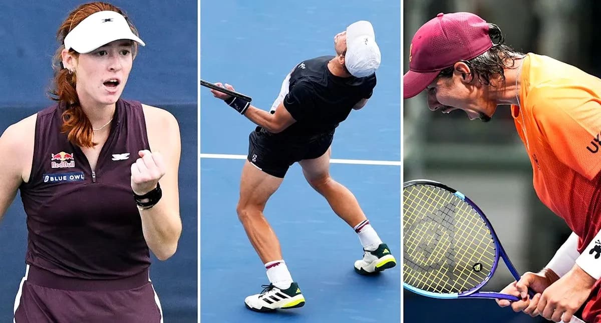 Three tennis players in action during matches Three tennis players in action during matches