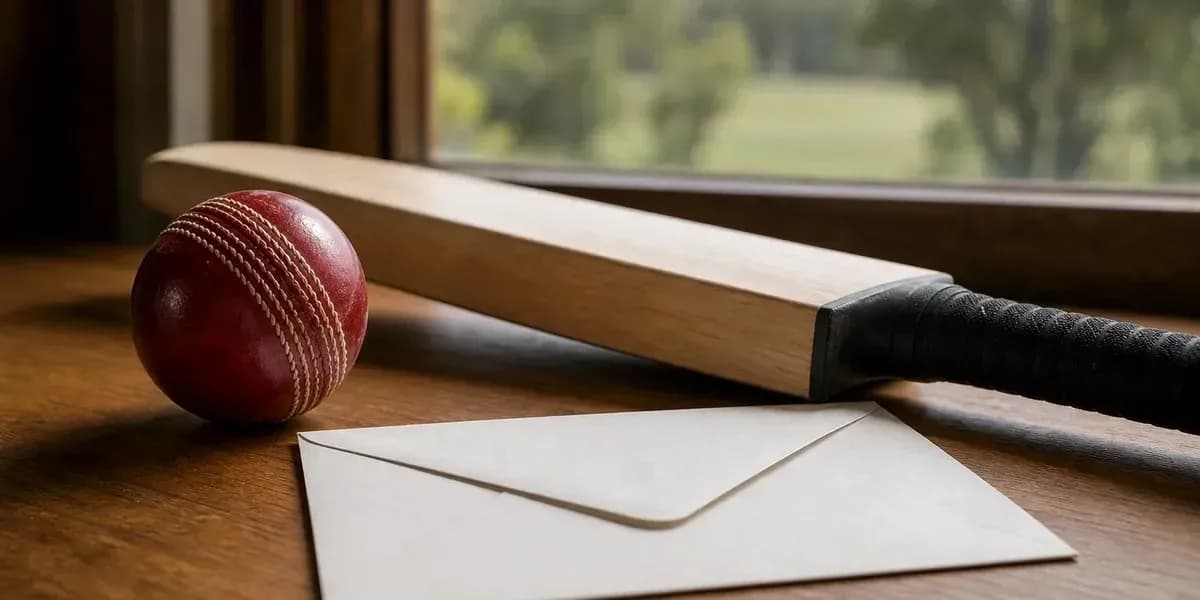Cricket bat, ball, and envelope on wooden surface Cricket bat, ball, and envelope on wooden surface