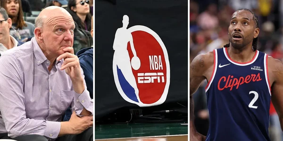 Steve Ballmer, NBA logo, and Kawhi Leonard on court Steve Ballmer, NBA logo, and Kawhi Leonard on court