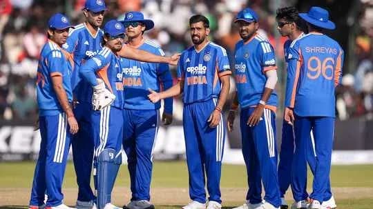 Indian cricket team in blue jerseys during match Indian cricket team in blue jerseys during match