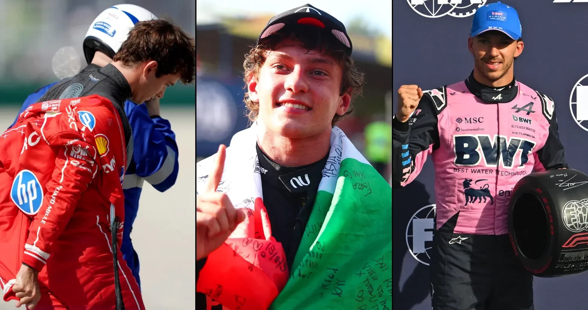 Three Formula 1 drivers celebrating and interacting Three Formula 1 drivers celebrating and interacting