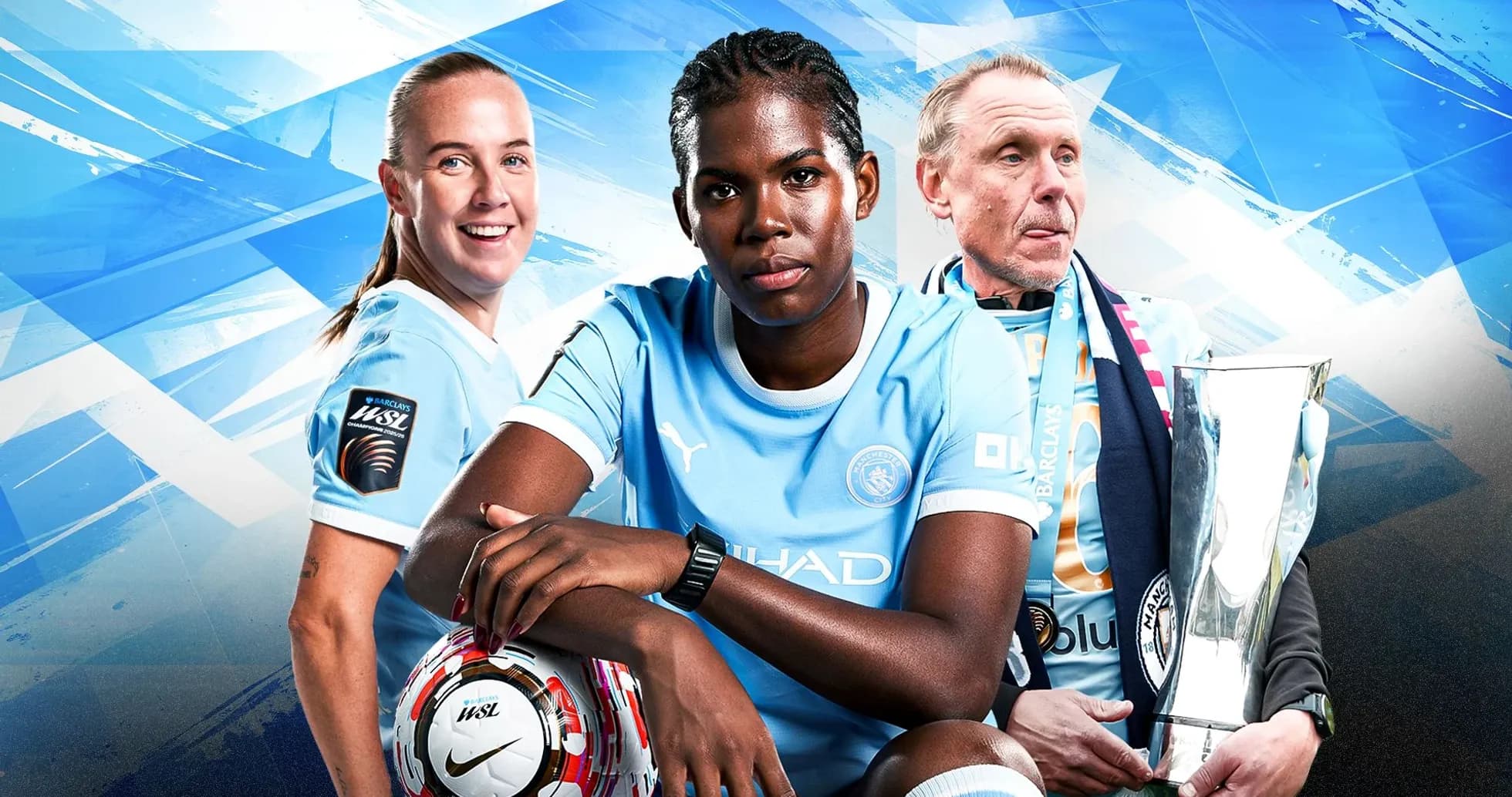 Three Manchester City players posing with a trophy Three Manchester City players posing with a trophy