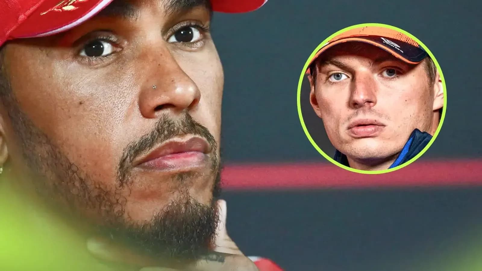 Lewis Hamilton in press conference with Max Verstappen inset Lewis Hamilton in press conference with Max Verstappen inset