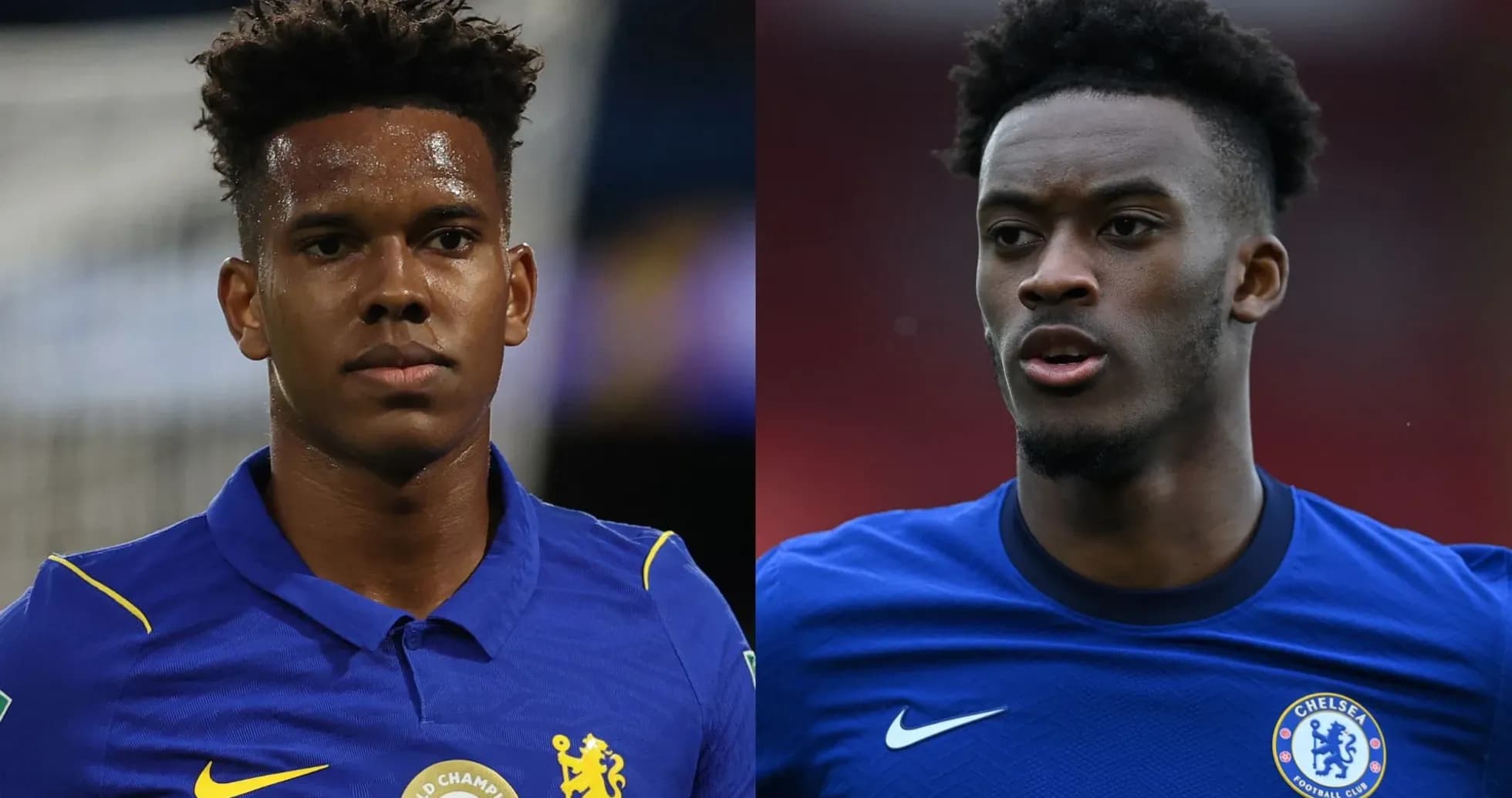 Two Chelsea players in blue jerseys looking serious Two Chelsea players in blue jerseys looking serious
