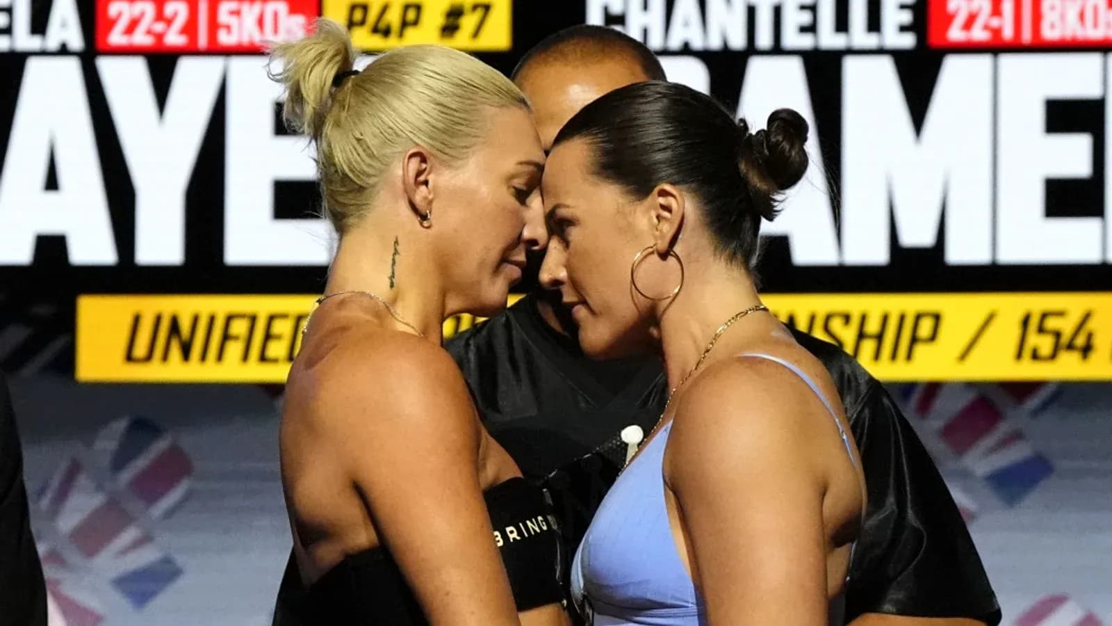 Two boxers facing off at weigh-in event Two boxers facing off at weigh-in event