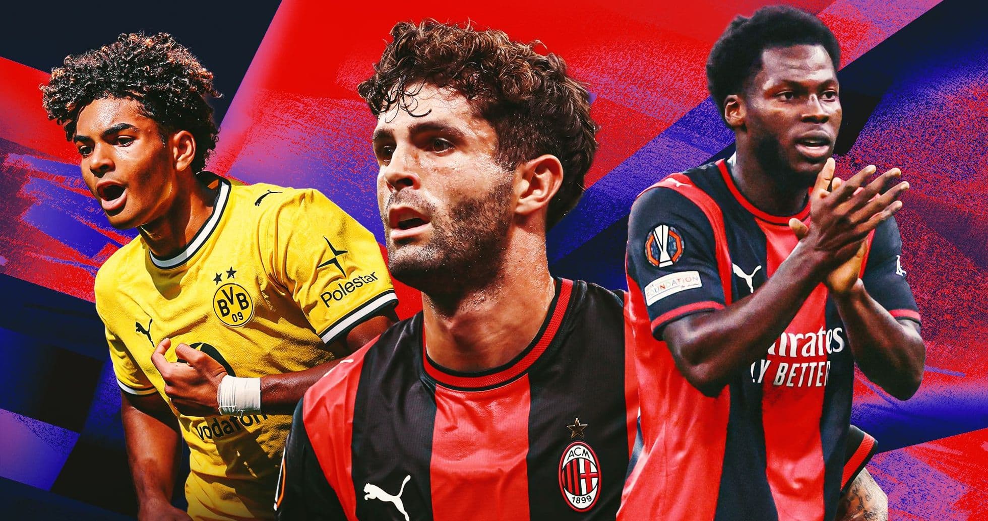 Three football players in team jerseys against colorful background Three football players in team jerseys against colorful background