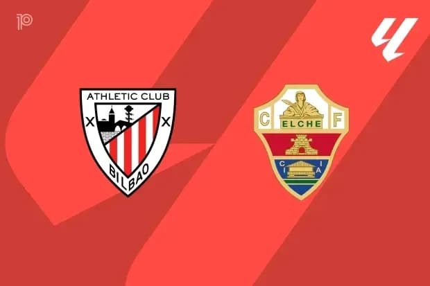Logos of Athletic Club and Elche CF on red background Logos of Athletic Club and Elche CF on red background