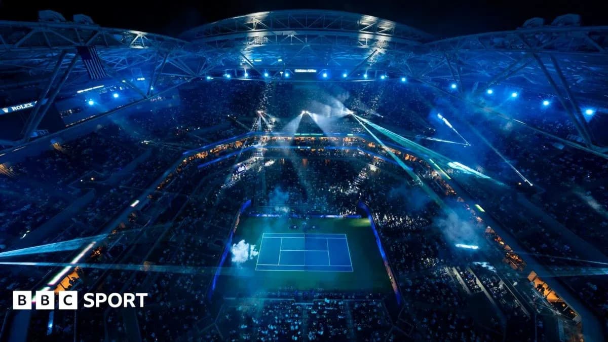 Night view of tennis stadium with lights and crowd Night view of tennis stadium with lights and crowd