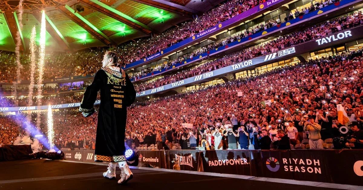 Boxer entering arena with crowd cheering and fireworks Boxer entering arena with crowd cheering and fireworks