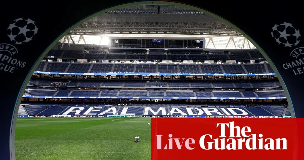 View of stadium with 'REAL MADRID' displayed prominently View of stadium with 'REAL MADRID' displayed prominently