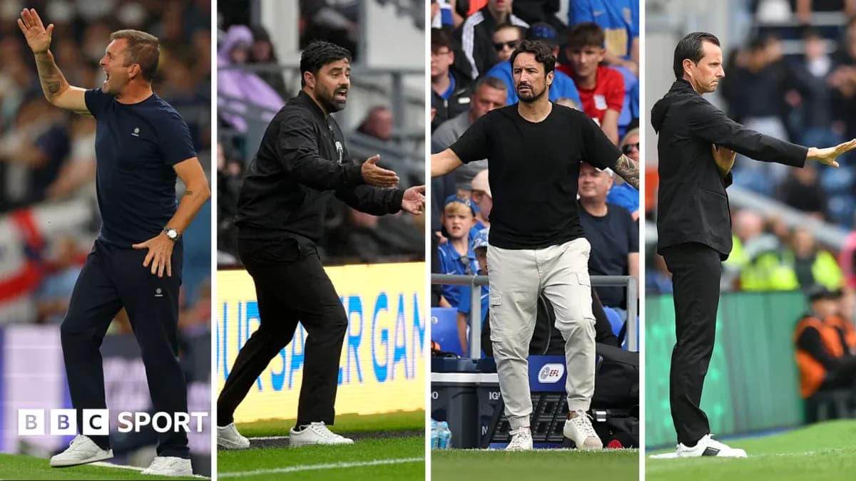 Four football managers coaching during a match Four football managers coaching during a match