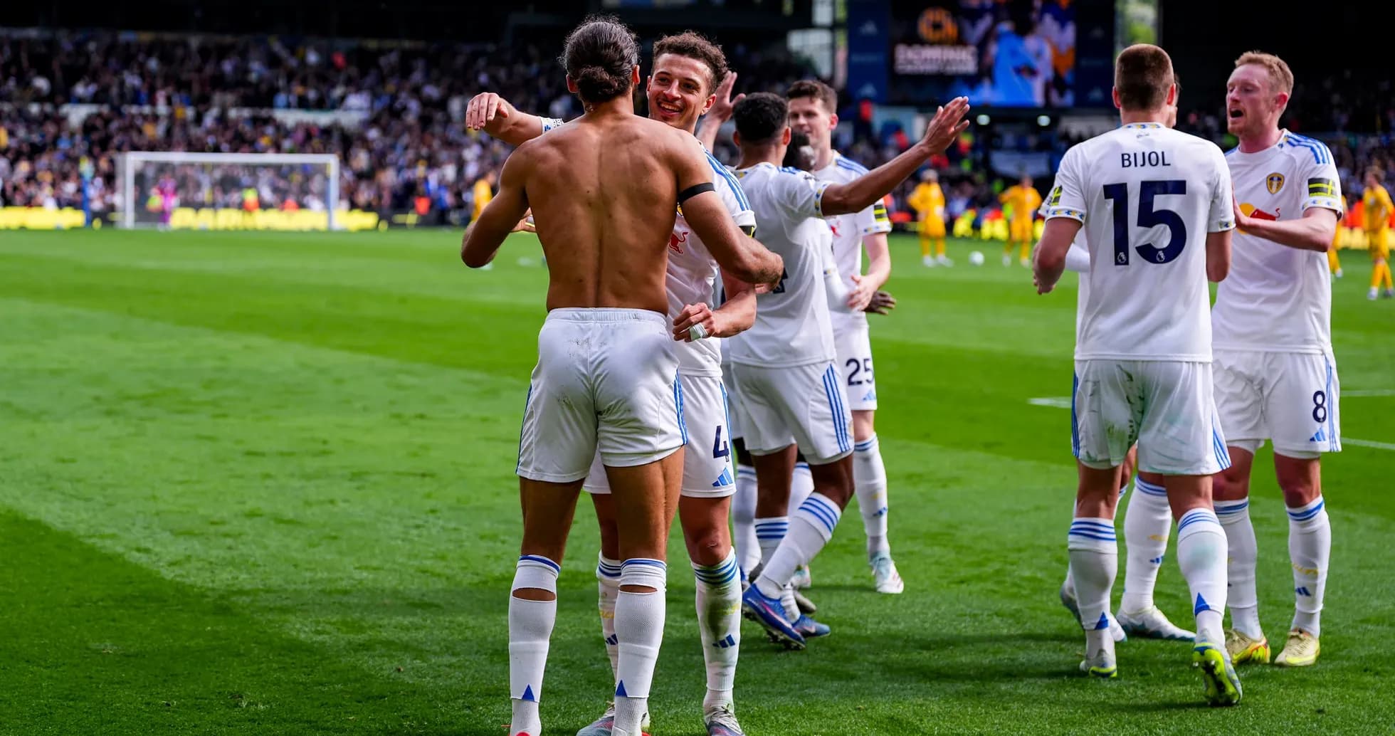 Leeds players celebrating a goal during match Leeds players celebrating a goal during match