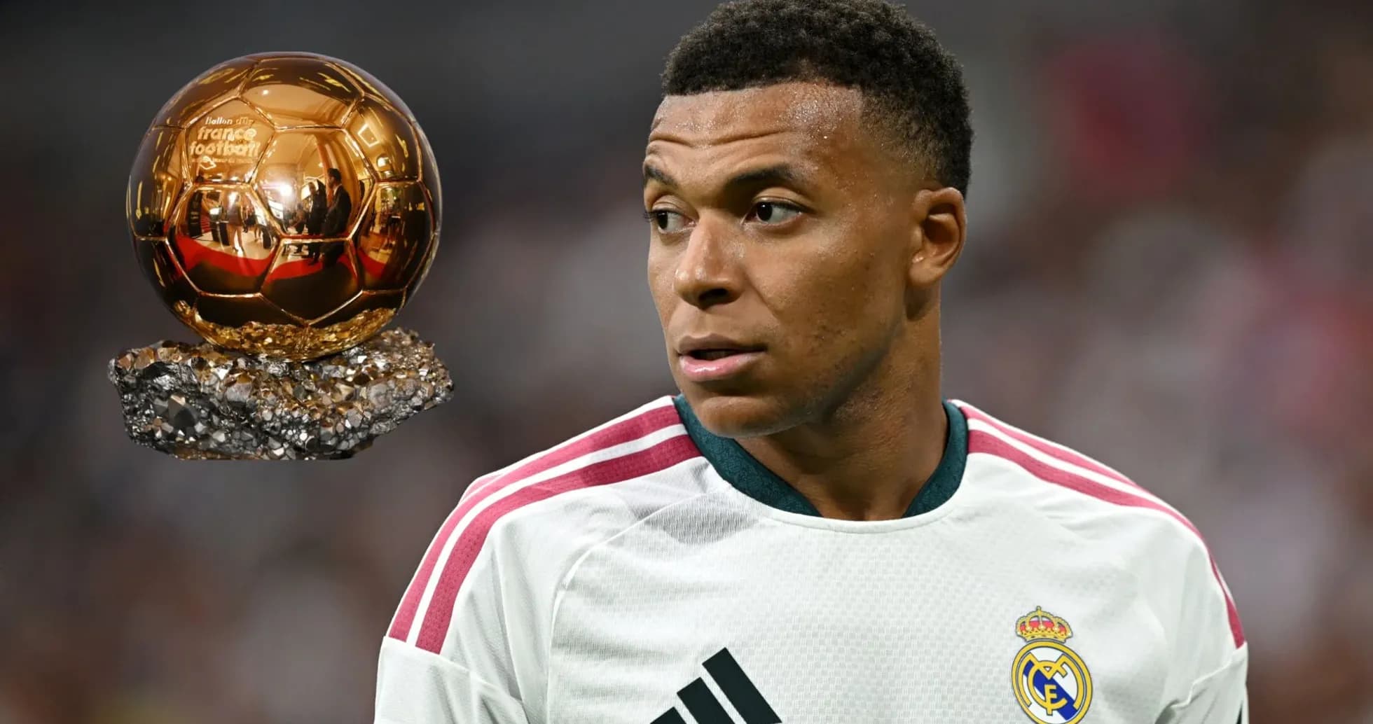 Player in Real Madrid jersey near Ballon d'Or trophy Player in Real Madrid jersey near Ballon d'Or trophy