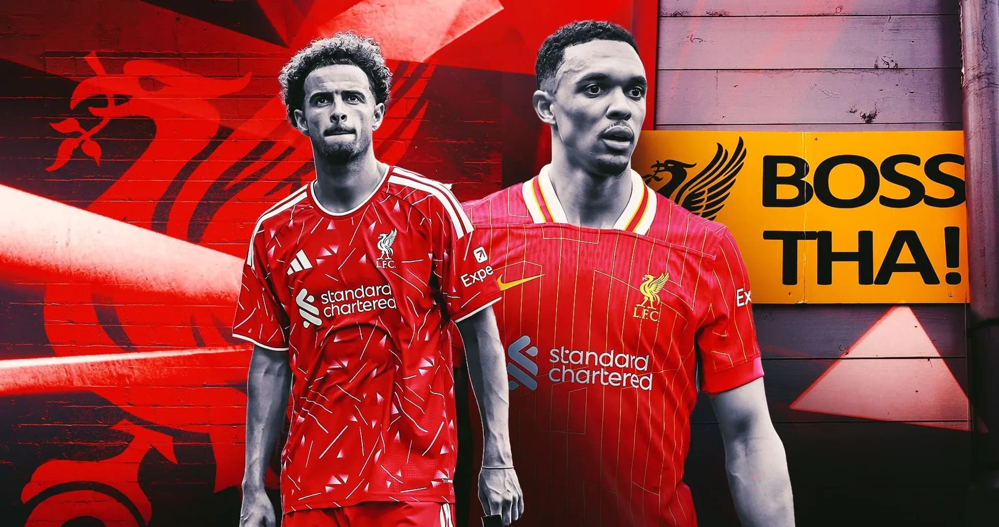 Two Liverpool players in red kits against a graffiti background Two Liverpool players in red kits against a graffiti background