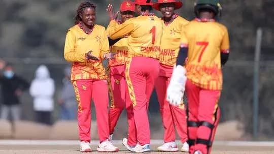 Zimbabwe women's cricket team celebrating a wicket Zimbabwe women's cricket team celebrating a wicket