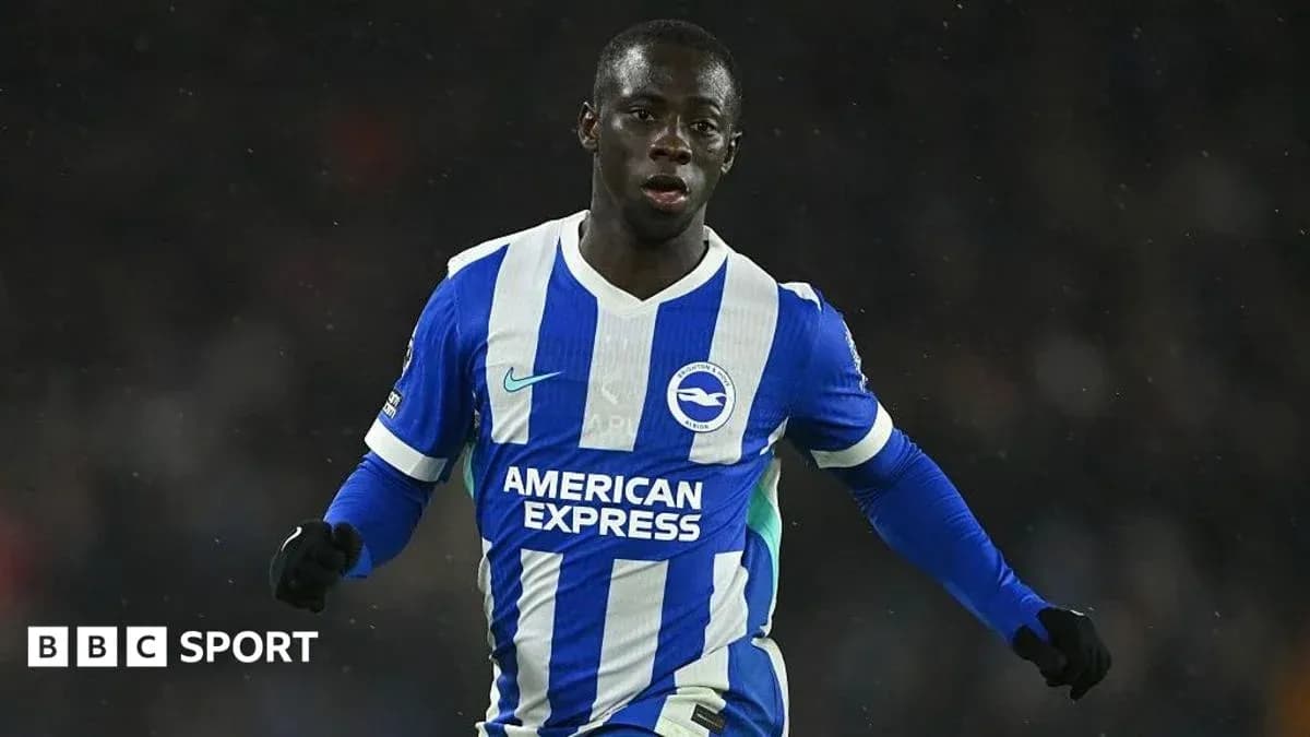 Player celebrating in Brighton kit on the pitch Player celebrating in Brighton kit on the pitch