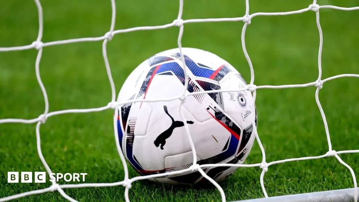 Football resting in goal net on grass pitch Football resting in goal net on grass pitch