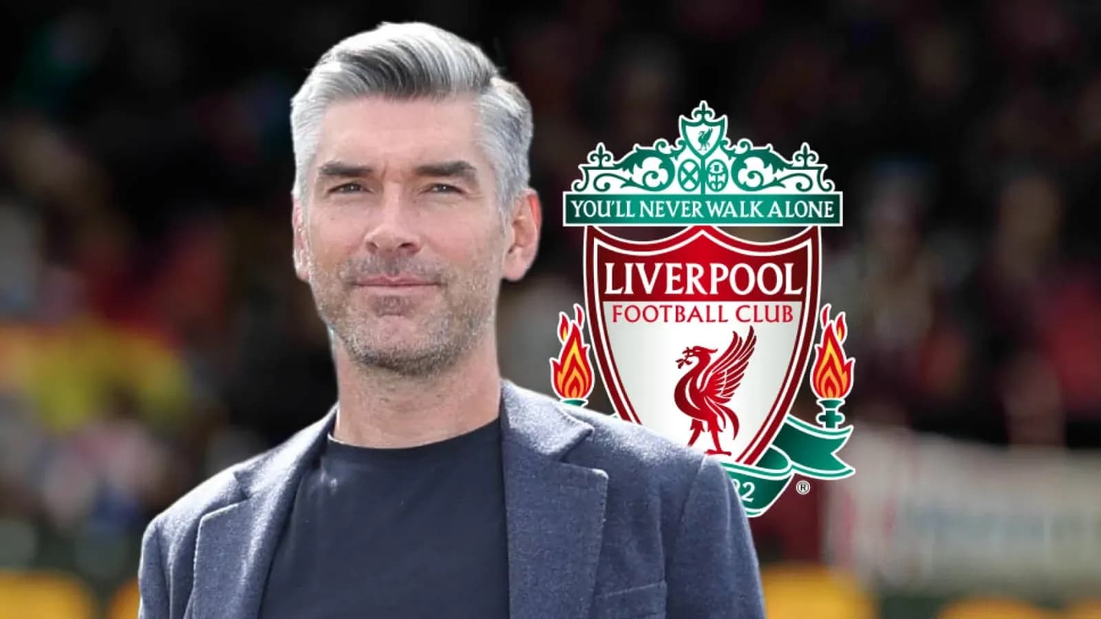 Man in front of Liverpool FC logo and slogan Man in front of Liverpool FC logo and slogan