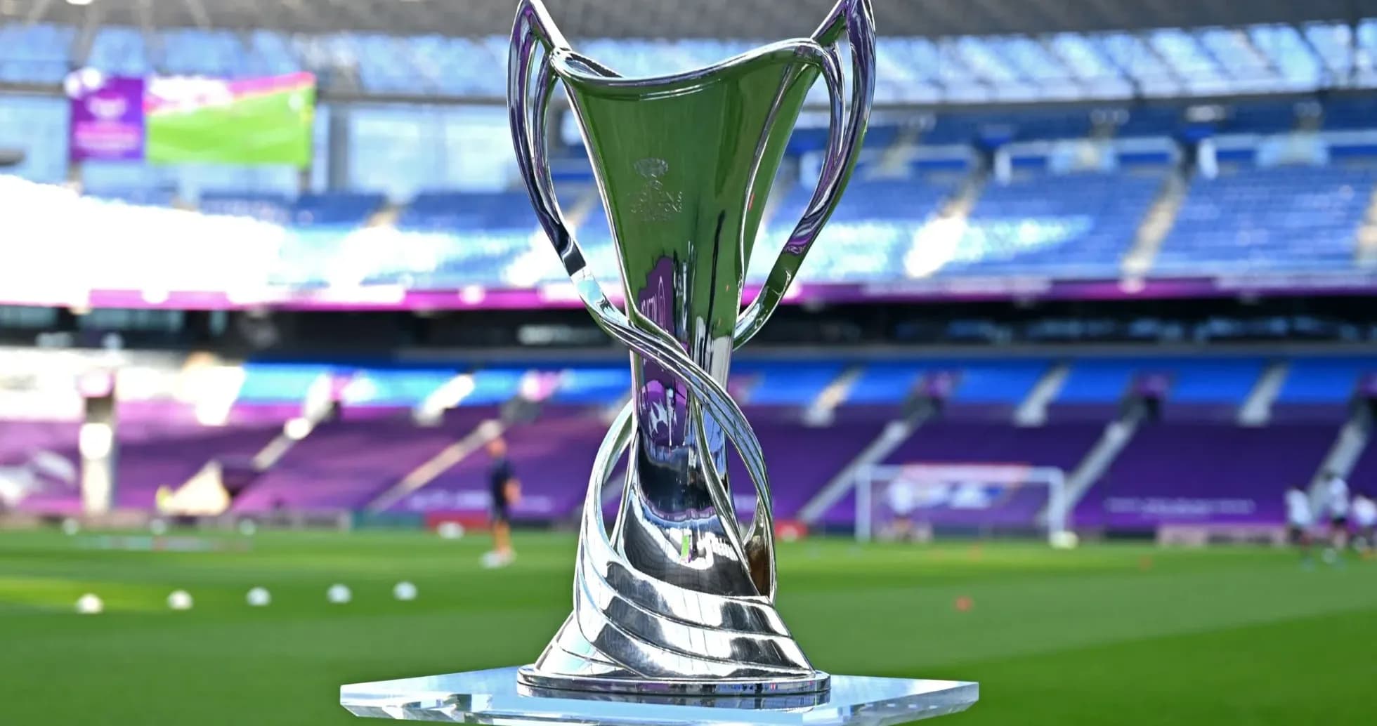 Shiny trophy displayed on the pitch before match Shiny trophy displayed on the pitch before match