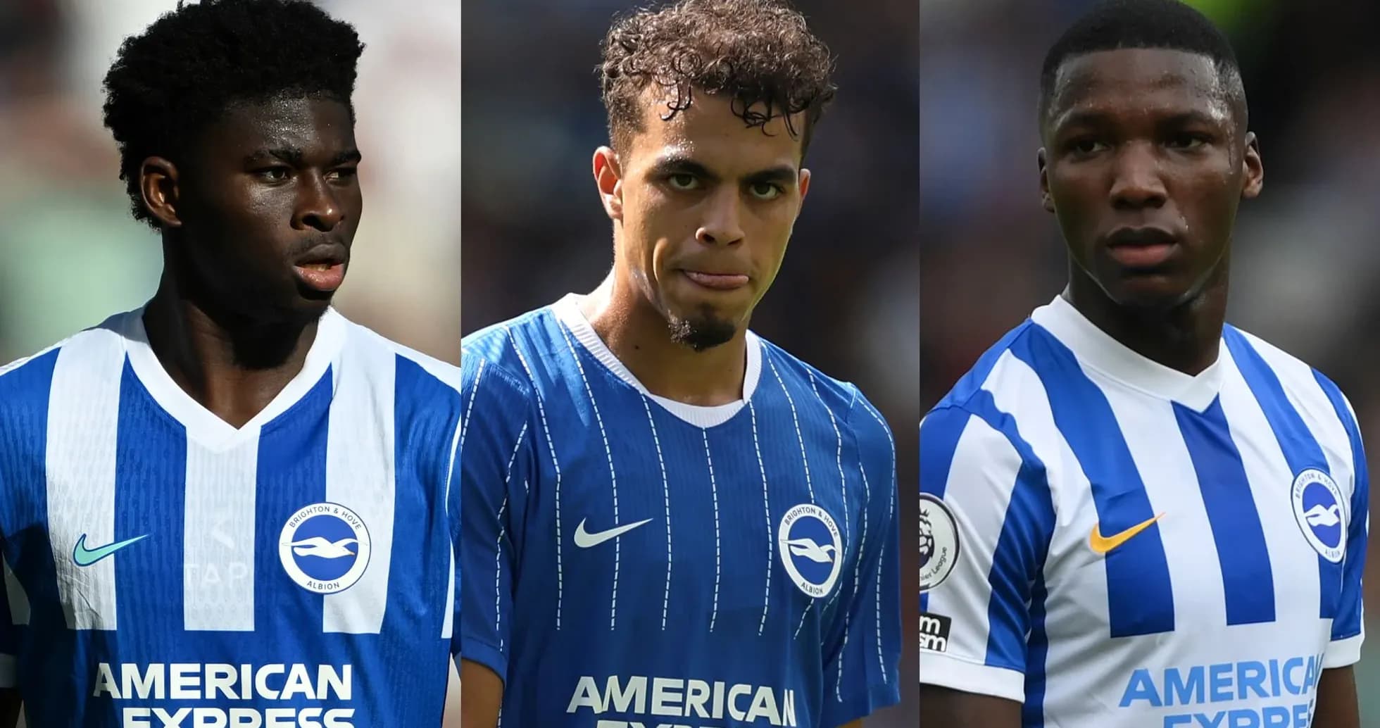 Three Brighton players in blue kits on pitch Three Brighton players in blue kits on pitch