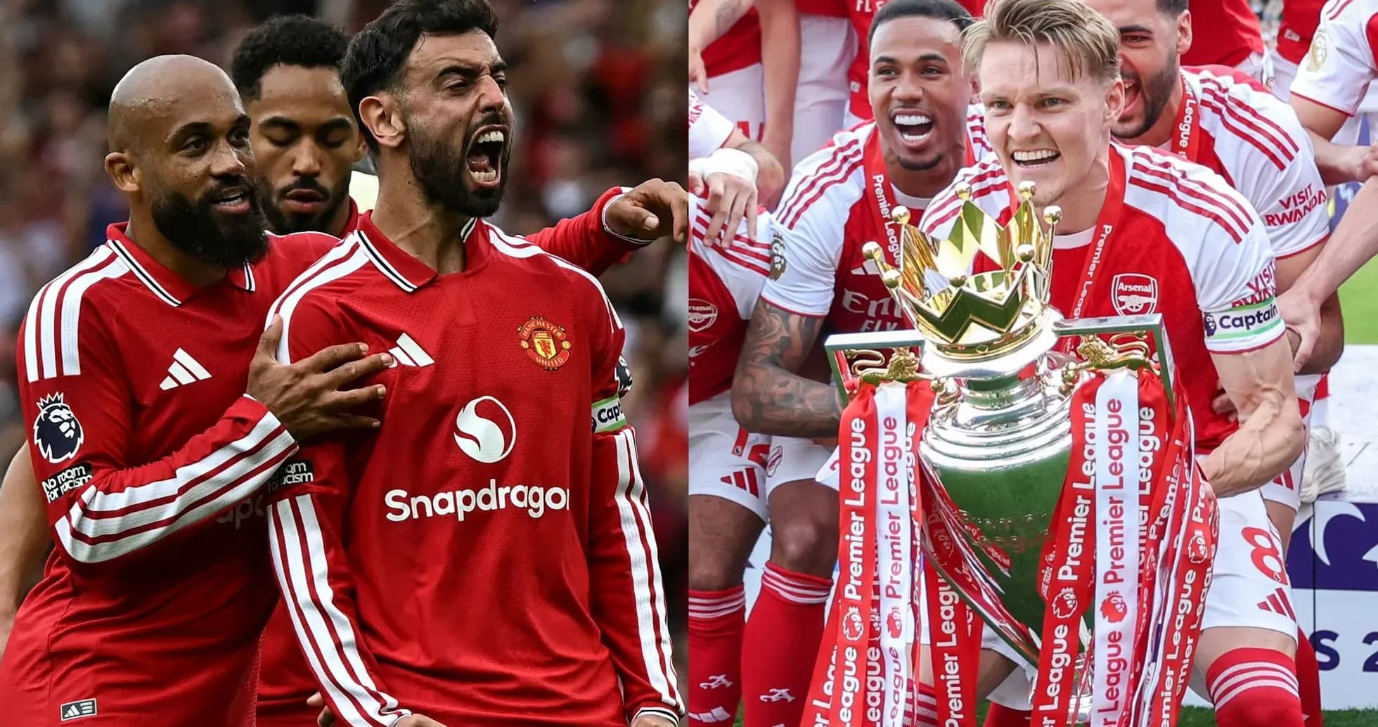 Manchester United players celebrating alongside Arsenal trophy celebration Manchester United players celebrating alongside Arsenal trophy celebration