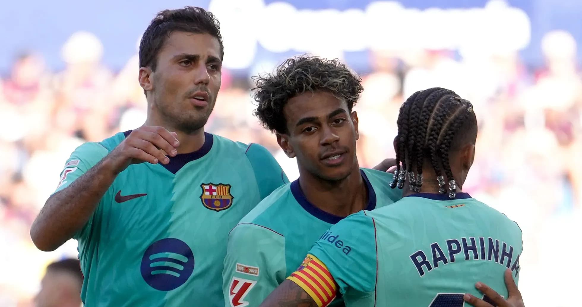 Barcelona players celebrating a goal together Barcelona players celebrating a goal together