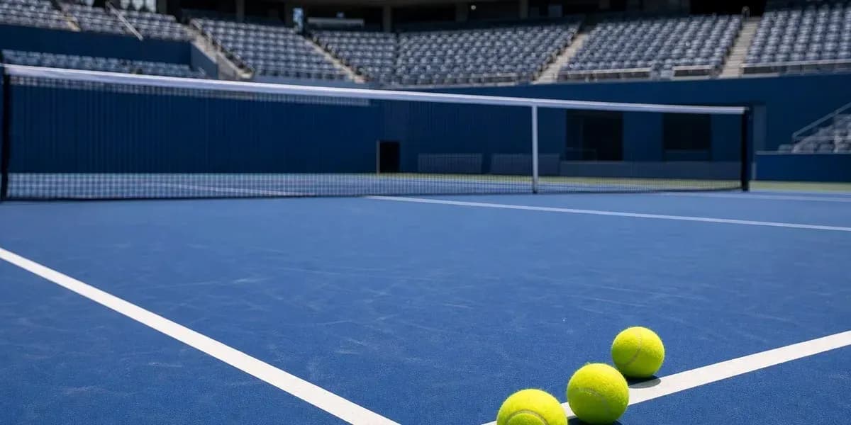 Three tennis balls on blue court near net Three tennis balls on blue court near net