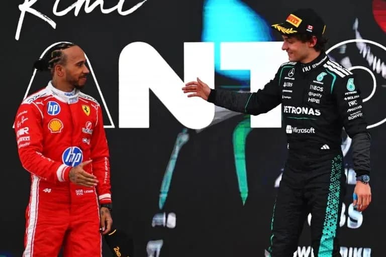 Lewis Hamilton and George Russell on podium celebration Lewis Hamilton and George Russell on podium celebration