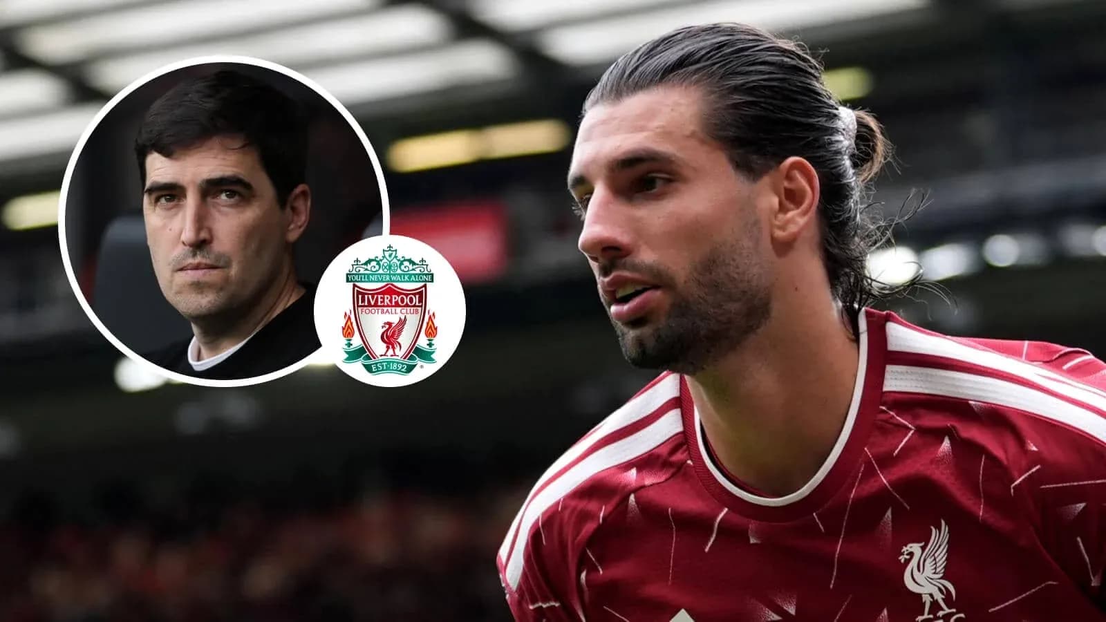 Player in Liverpool kit with coach and club logo Player in Liverpool kit with coach and club logo