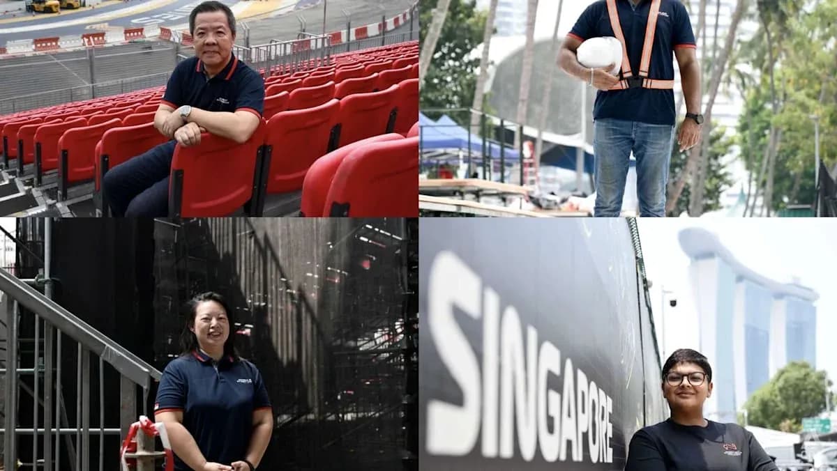 Four individuals at a race event venue Four individuals at a race event venue