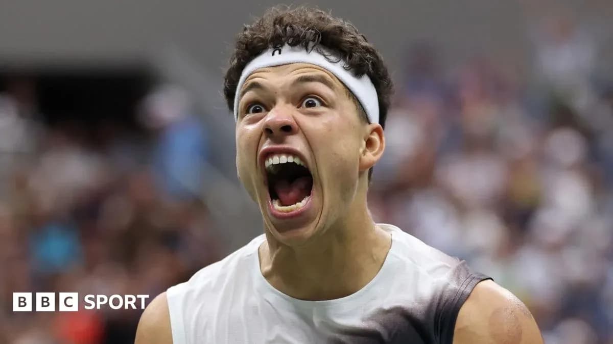 Tennis player celebrating during a match at US Open Tennis player celebrating during a match at US Open
