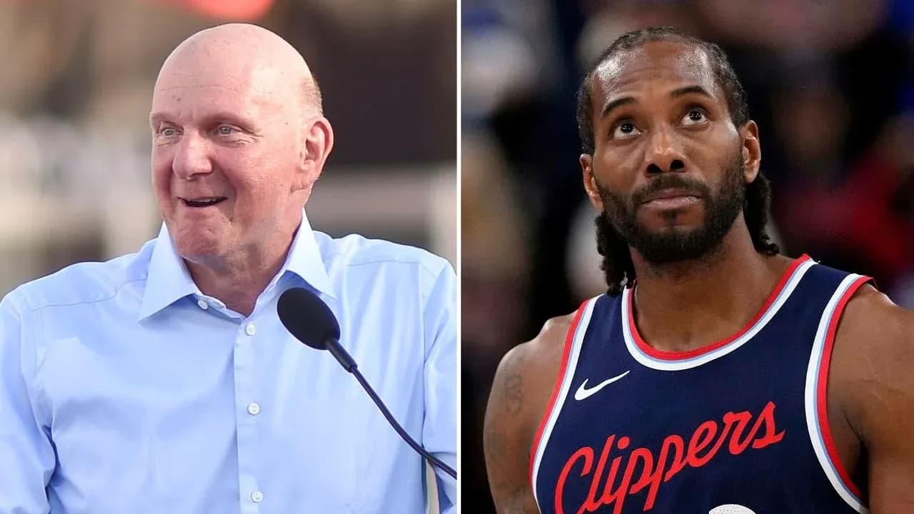 Steve Ballmer speaking, Kawhi Leonard looking up Steve Ballmer speaking, Kawhi Leonard looking up