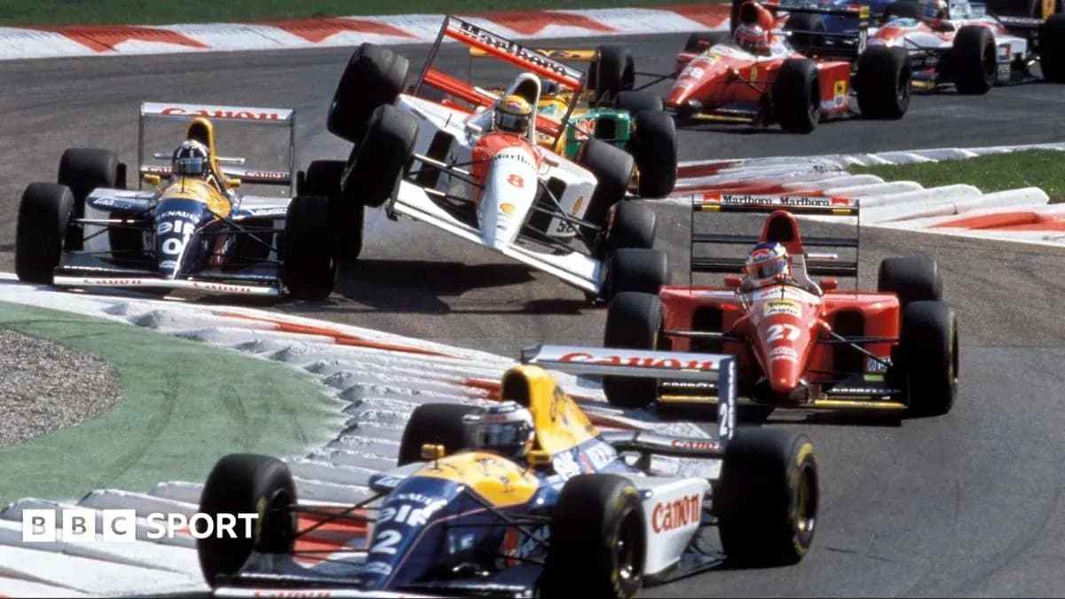 Several Formula 1 cars racing through a turn Several Formula 1 cars racing through a turn