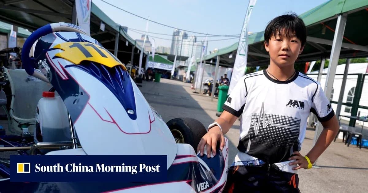 Young kart racer posing beside their kart Young kart racer posing beside their kart
