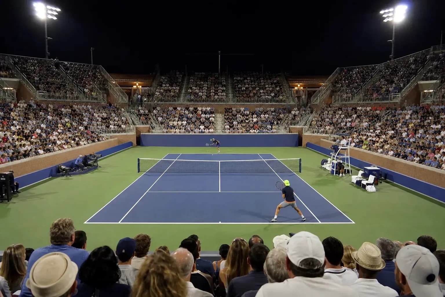 Night tennis match with spectators in the stands Night tennis match with spectators in the stands