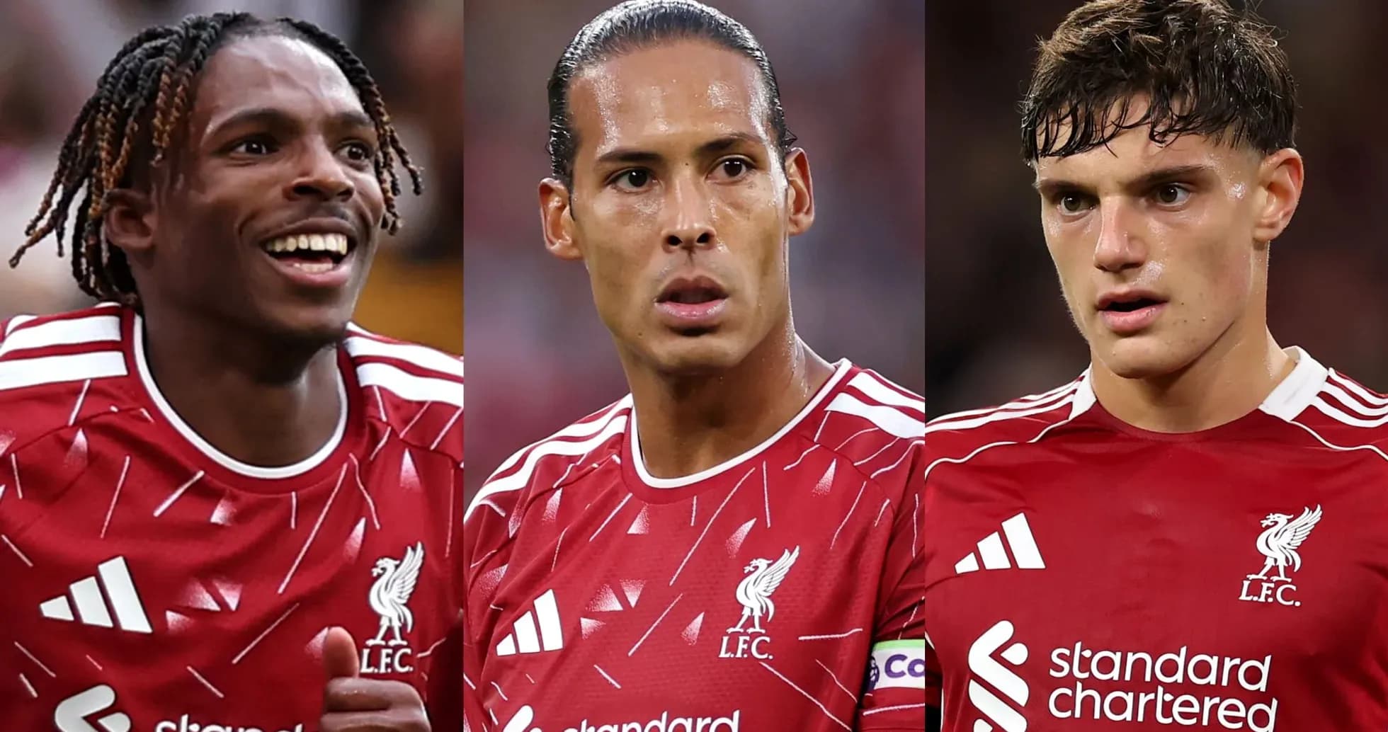Three Liverpool FC players in red jerseys Three Liverpool FC players in red jerseys