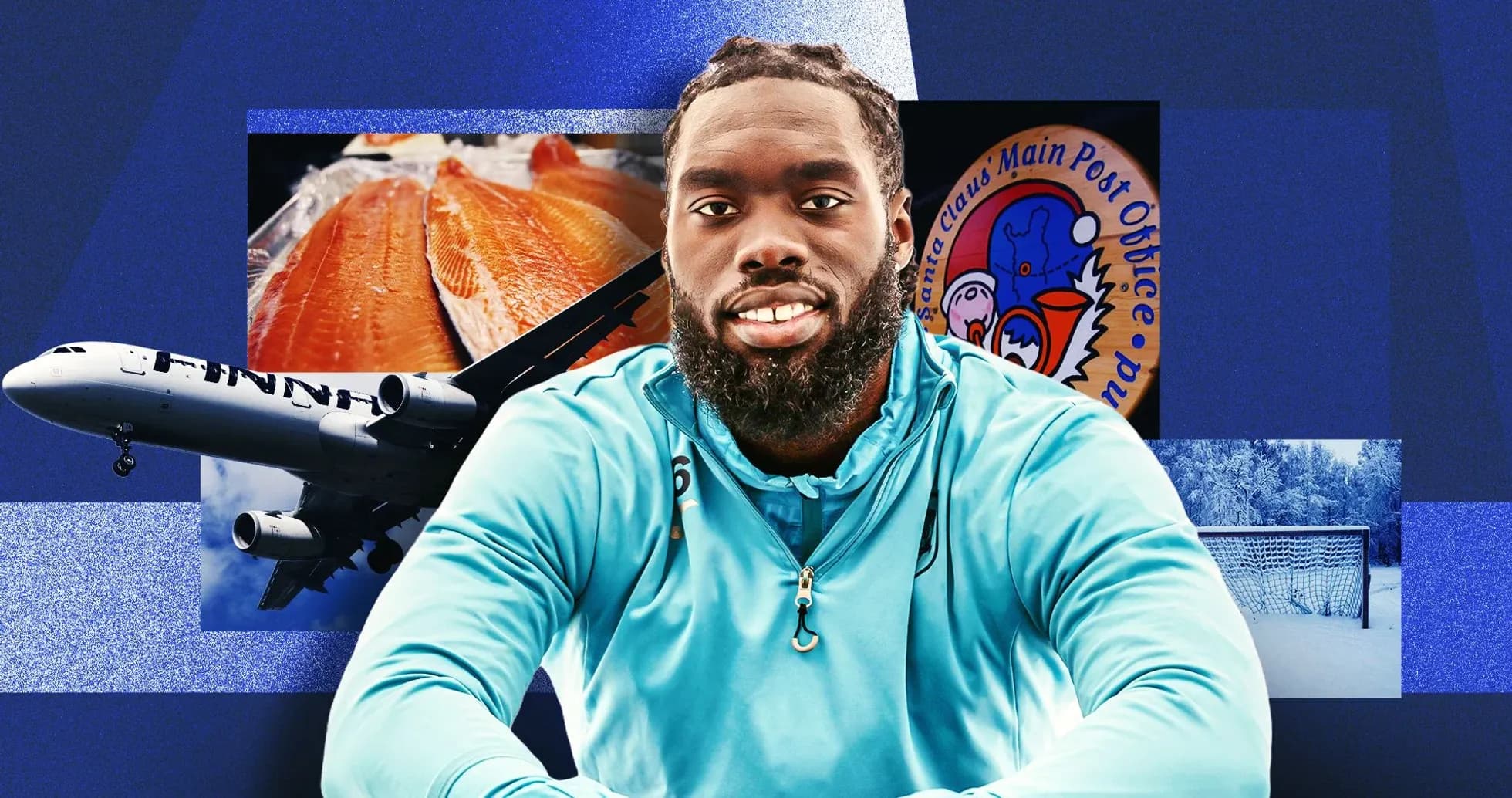 Athlete smiling with various images in background Athlete smiling with various images in background