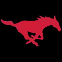 Red Mustang logo with running horse silhouette Red Mustang logo with running horse silhouette