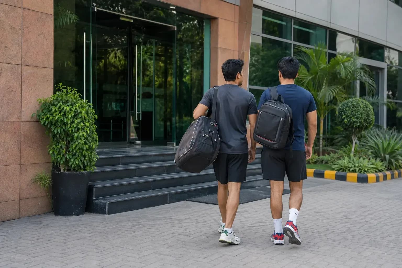 Two athletes walking towards a building entrance Two athletes walking towards a building entrance